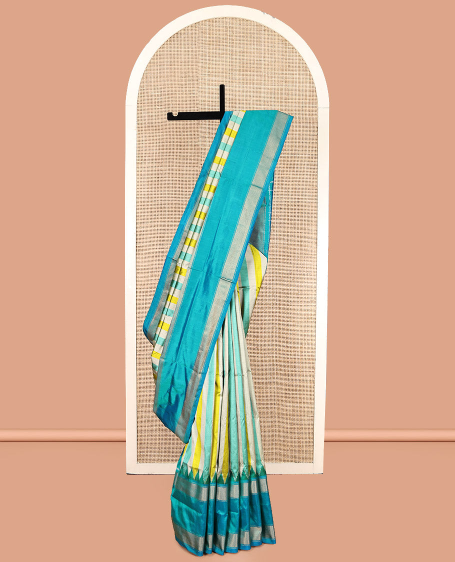 Multi-Color Striped Pochampally Ikat Silk Saree, Complemented by a Contrast Temple Traditional Border, Ikat-Style Woven Pallu, and Contrast Blouse
