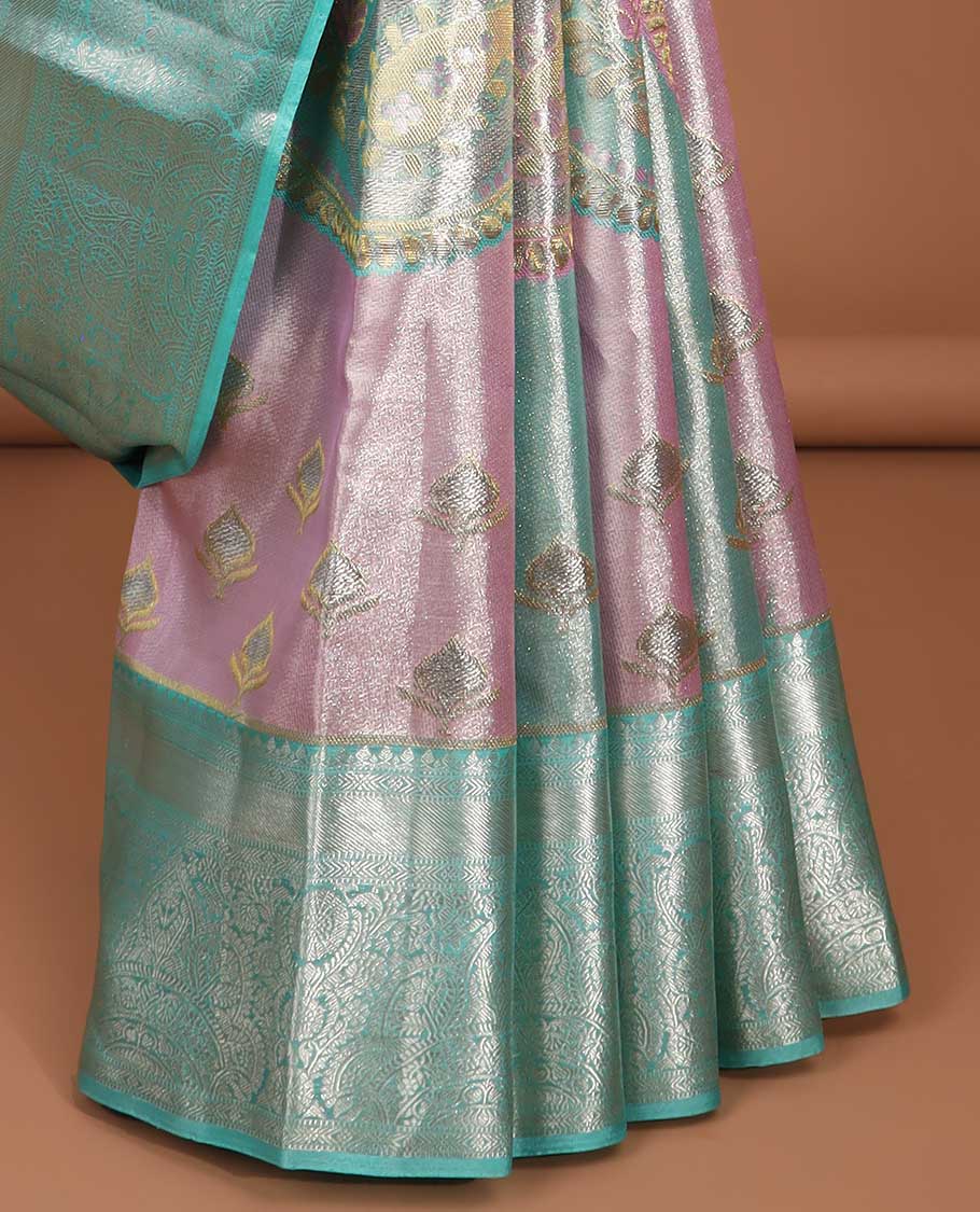 Multi-color floral design tissue saree with contrast border of thilakam mokku, muthu, banaras, & floral , checked zari design pallu