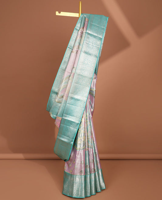 Multi-color floral design tissue saree with contrast border of thilakam mokku, muthu, banaras, & floral , checked zari design pallu