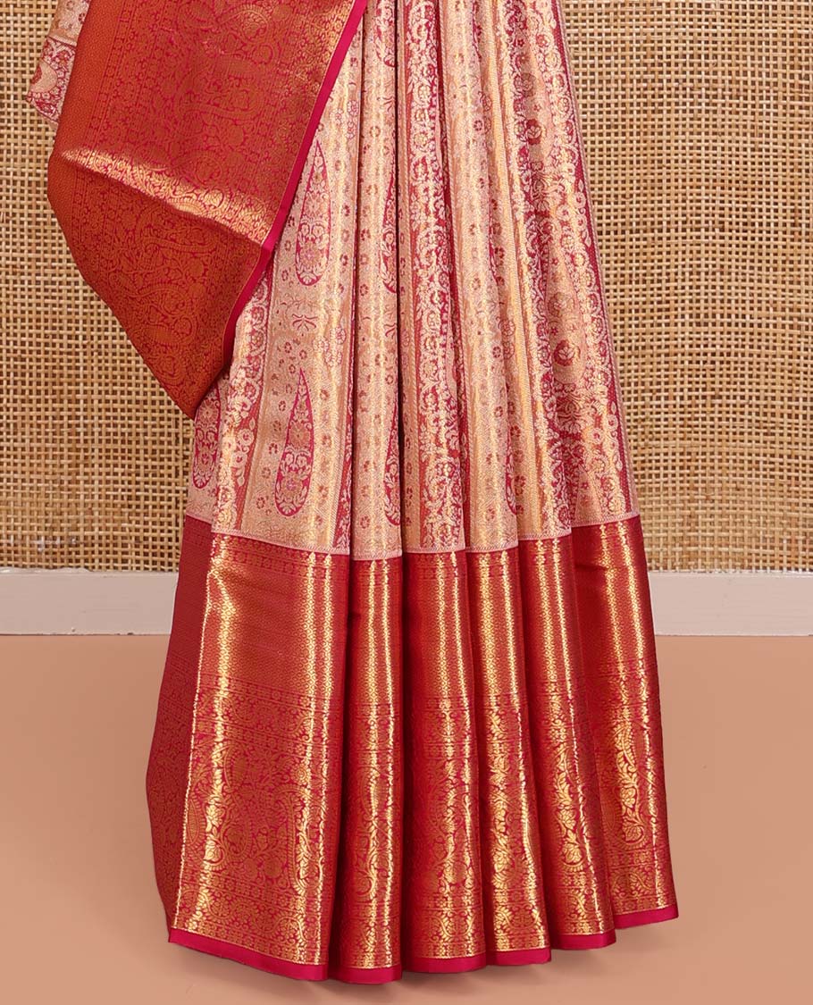 Pink Kanchipuram Tissue Silk Saree, Embellished with Jacquard Designs on Its Body, Complemented by a Contrast Border of Manga and Jaal Designs, Intricately Designed Pallu, and Paired with a Contrast Blouse