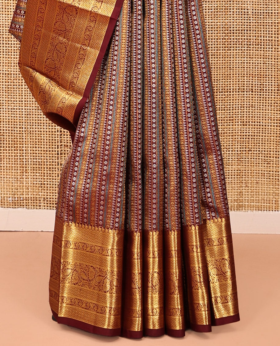 Maroon Kanchipuram Designer Silk Saree, Enriched with Geometric Jacquard Designs, Zari Border of Manga Mokku, Vanki, and Kodi Visiry Designs, Jaal Pallu, and a Matching Blouse