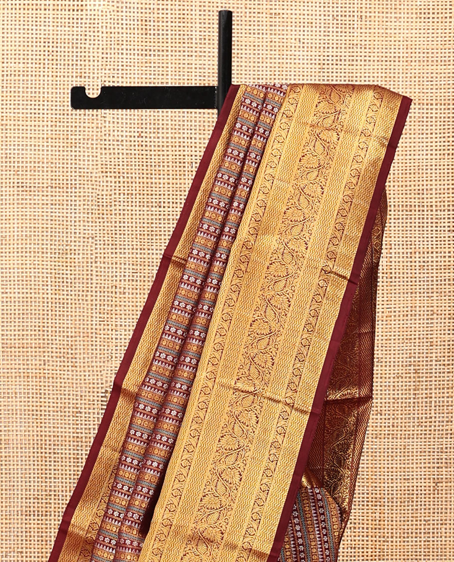 Maroon Kanchipuram Designer Silk Saree, Enriched with Geometric Jacquard Designs, Zari Border of Manga Mokku, Vanki, and Kodi Visiry Designs, Jaal Pallu, and a Matching Blouse