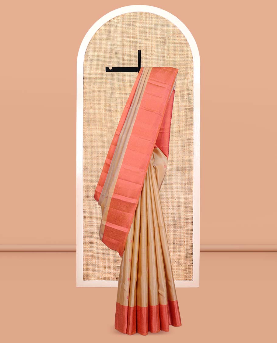 Sandal Kanchipuram Silk Saree, Styled with Mayil-Chakram Buttas, Complemented by a Contrast Traditional Thread Woven Border, Jaal Pallu, and a Contrast Blouse