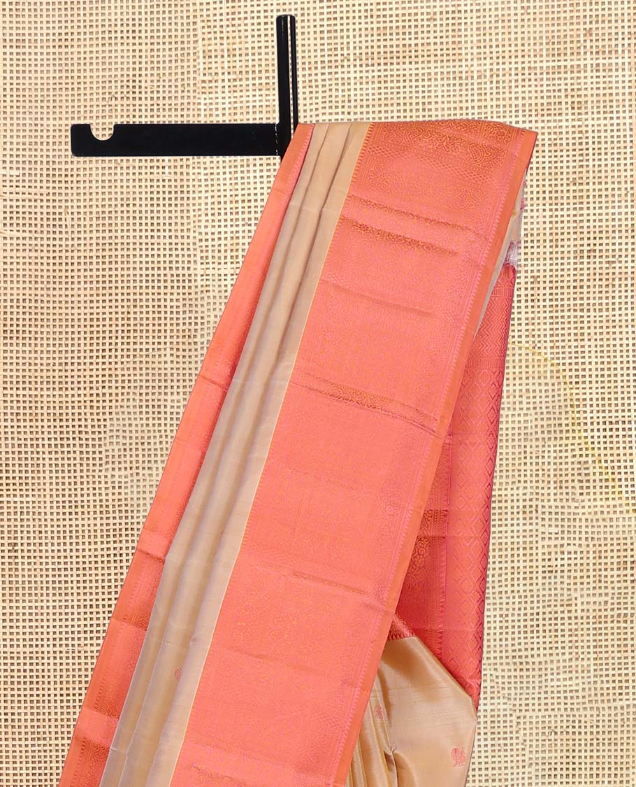 Sandal Kanchipuram Silk Saree, Styled with Mayil-Chakram Buttas, Complemented by a Contrast Traditional Thread Woven Border, Jaal Pallu, and a Contrast Blouse