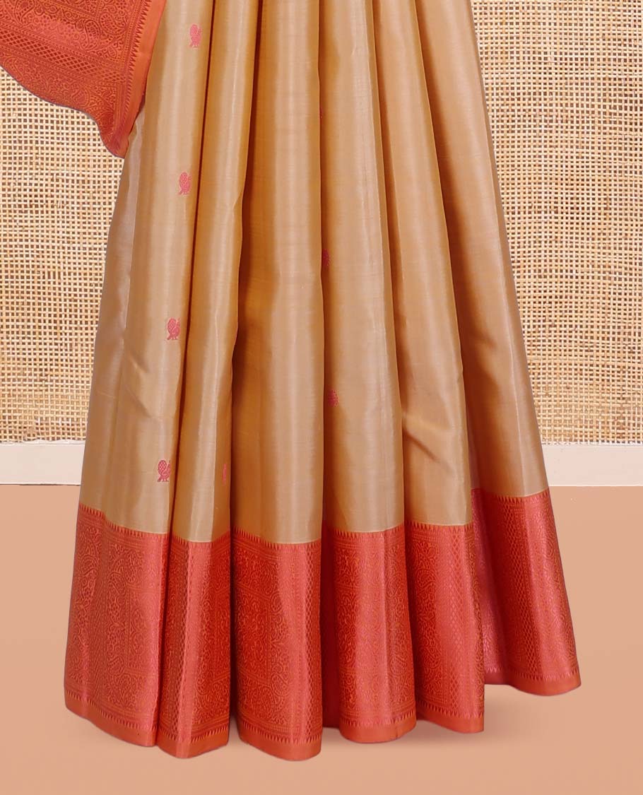 Sandal Kanchipuram Silk Saree, Styled with Mayil-Chakram Buttas, Complemented by a Contrast Traditional Thread Woven Border, Jaal Pallu, and a Contrast Blouse