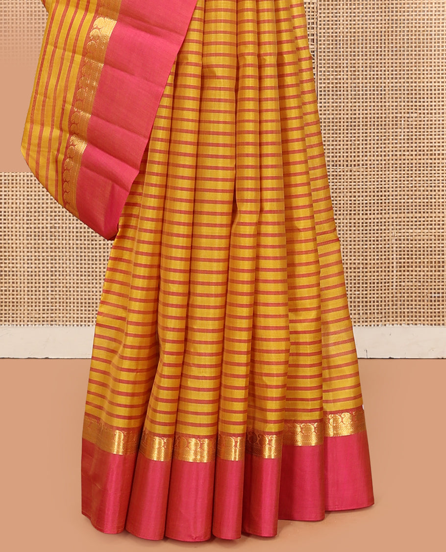 Yellow Striped Kanchipuram Silk Saree, Complemented by a Contrast Kal Eragina Border of Manga, Kathir, and Muthu Design, Pallu of Zari Design, and a Contrast Blouse