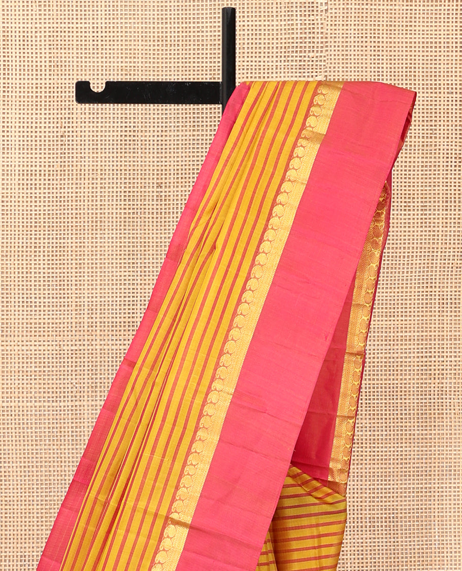 Yellow Striped Kanchipuram Silk Saree, Complemented by a Contrast Kal Eragina Border of Manga, Kathir, and Muthu Design, Pallu of Zari Design, and a Contrast Blouse