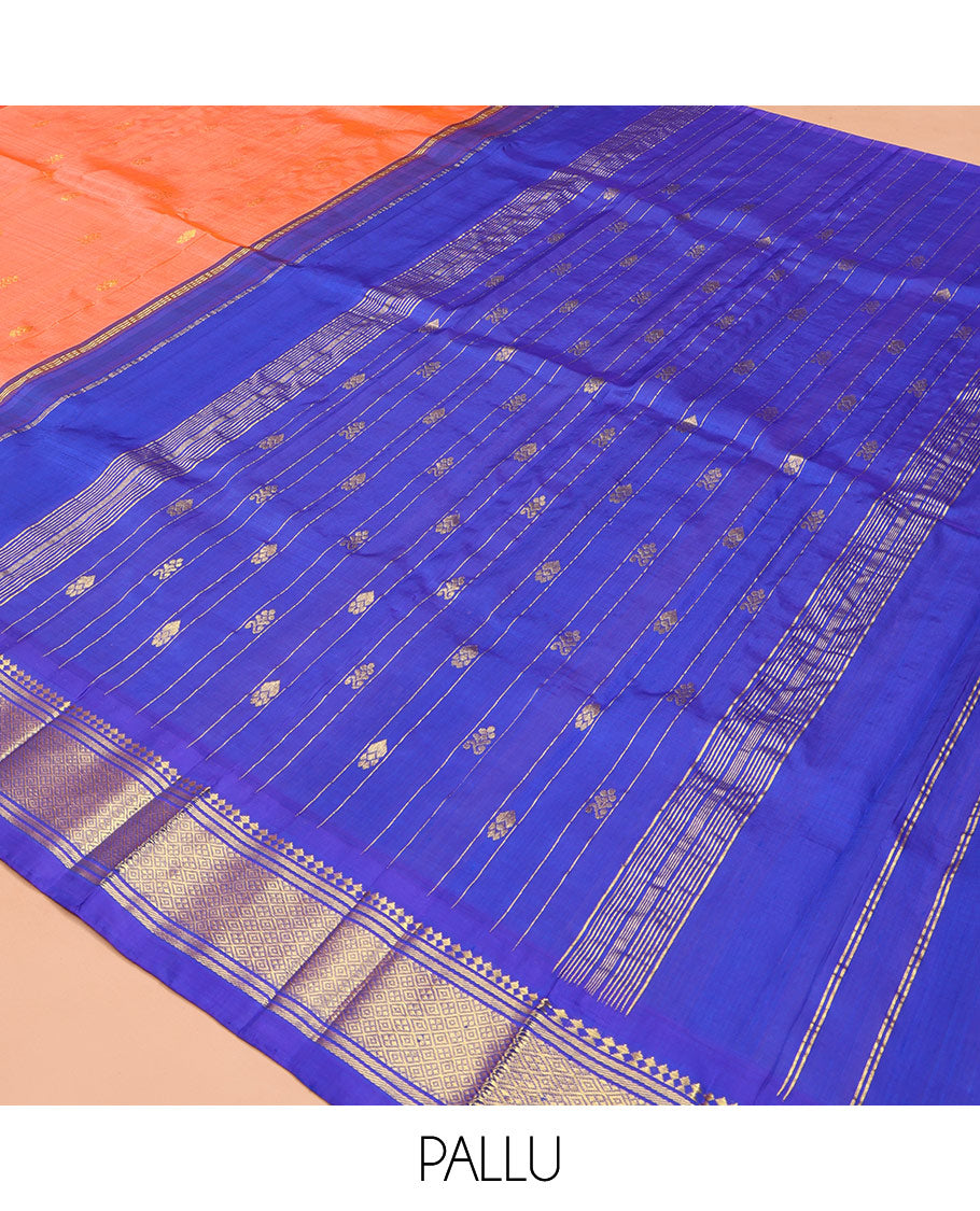 Orange Kanchipuram Silk Saree, Decorated with Zari Buttas on Its Body, Complemented by Contrast One-Sided Korvai Border of Panner Sombu, Banaras, and Jaal Designs, Pallu Features Zari Designs, and Comes Without a Blouse