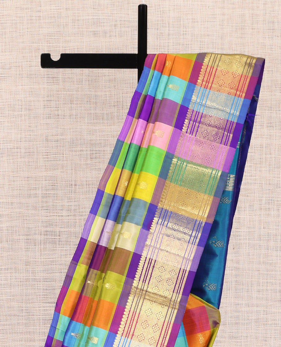 Multi-Color Palum Pazhamum Checked Kanchipuram Silk Saree, Woven with Zari Buttas, Zari One-sided Border of Thilakam Mokku, Banaras, Muthu, and Jaal Design, Zari Woven Pallu, and No Blouse