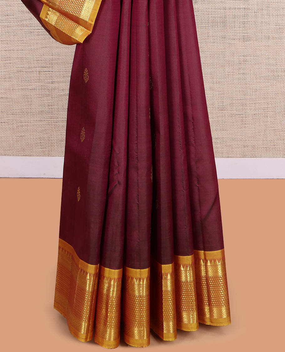 Maroon Kanchipuram Silk Saree, Graced with Zari Buttas, a Contrast One-Sided Border of Rekku, Banaras, Muthu, and Mayil Kann Design, Zari Design Pallu, and No Blouse