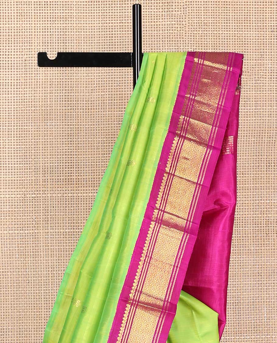 Green buttas kanceepuram silk saree with contrast korvai border of thilakam mokku, banaras design & zari design pallu