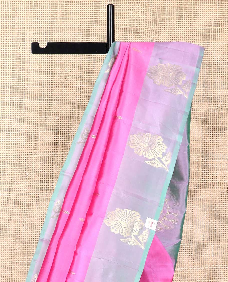 Pink kancheepuram silk saree with contrast floral design border & floral motifs pallu