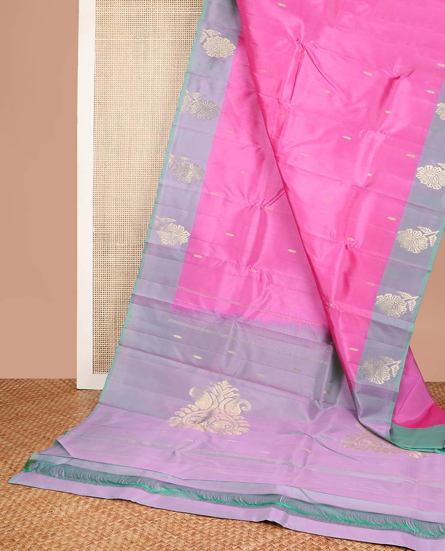 Pink kancheepuram silk saree with contrast floral design border & floral motifs pallu