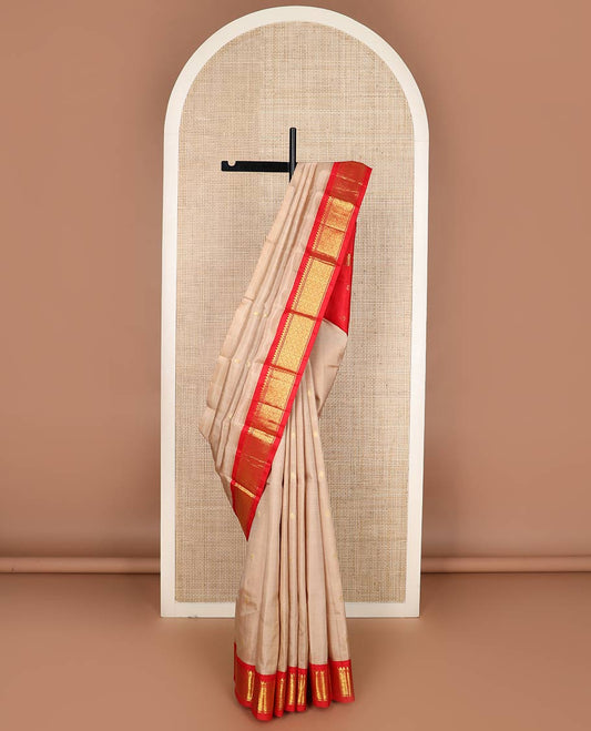 Fawn brown zari buttas silk saree, contrast korvai one-sided border of thilakam mokku & jaal design & zari design pallu