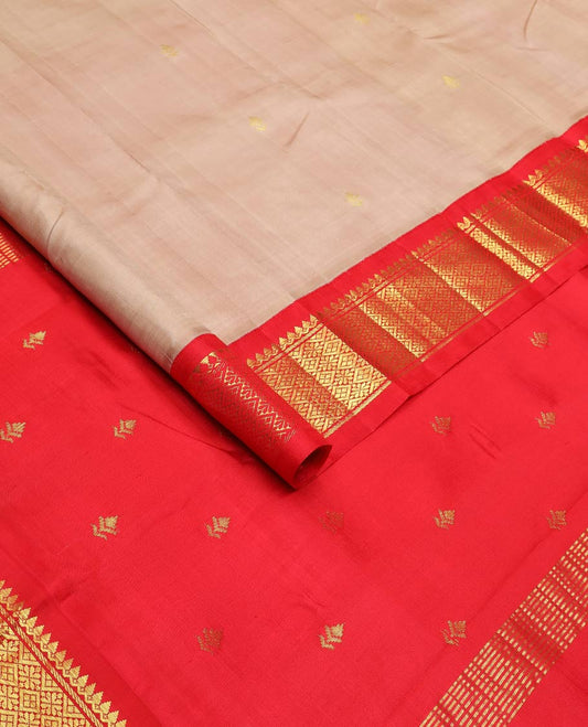 Fawn brown zari buttas silk saree, contrast korvai one-sided border of thilakam mokku & jaal design & zari design pallu