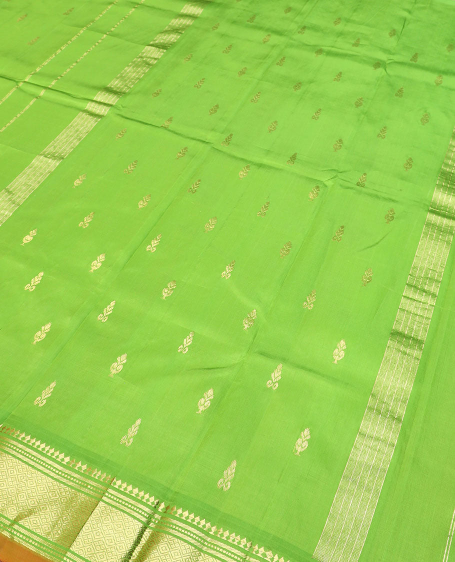 Green zari buttas Kanchipuram silk saree, zari border of paneer sombu, banaras, muthu, and jaal designs, and zari design pallu