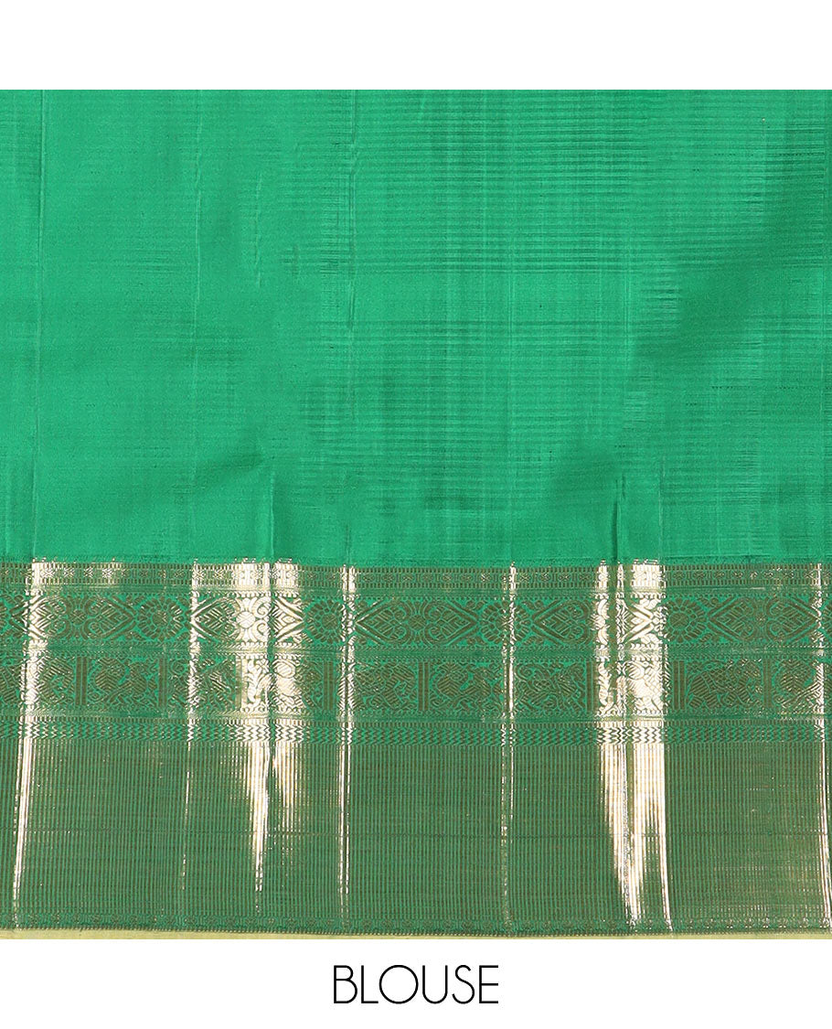 Red checked and buttas Kanchipuram silk saree, contrast border of muthu, rudraksham, chakram, jada nagam, yaanai, mayil, and vanki designs, and intricate pallu