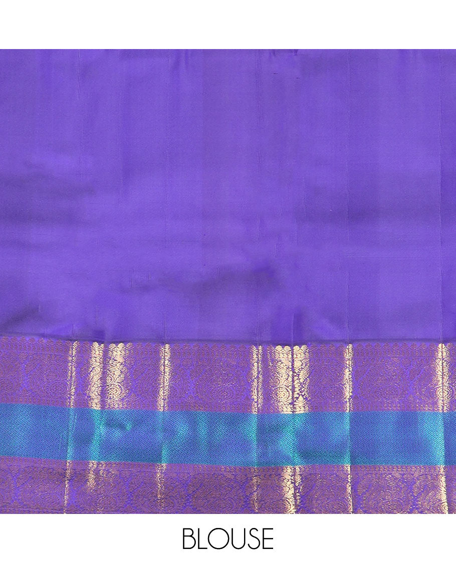 Yellow zari buttas Kanchipuram silk saree, contrast border of salangai, manga, muthu, arumbu manga, and mayil kann designs, and vanki pallu