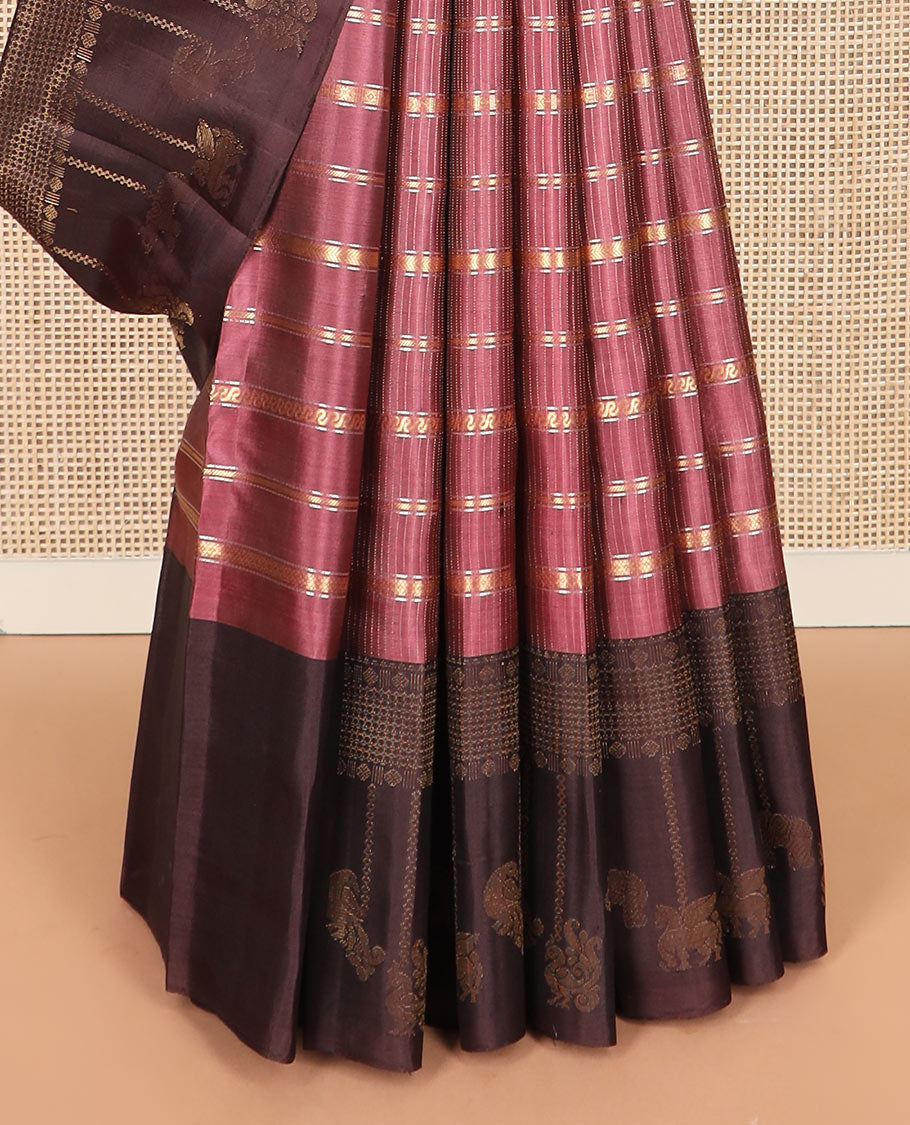 Pink zari design Kanchipuram silk saree, contrast border of rudraksham, mayil, annam, kuthirai, and yaanai designs, and jaal pallu