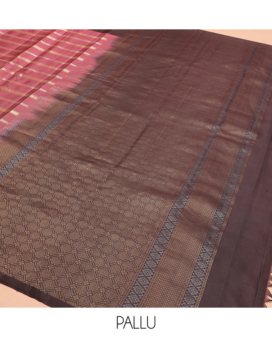 Pink zari design Kanchipuram silk saree, contrast border of rudraksham, mayil, annam, kuthirai, and yaanai designs, and jaal pallu