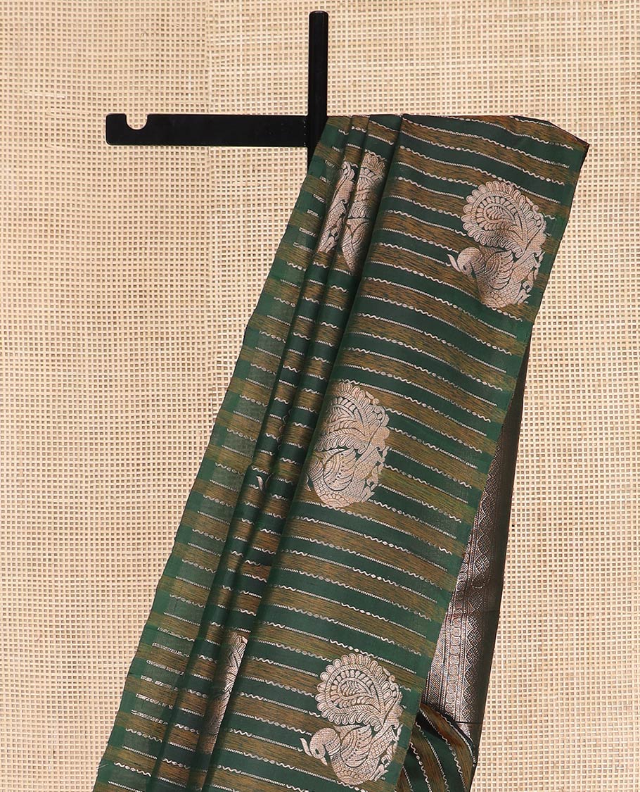 Borderless Green Kanchipuram Silk Saree Highlighted by Annam Buttas and Stripes All Over Its Body, Subtly Sparkled Pallu of Rudraksham, Muthu, Kathir, and Laddu Kamalam Designs, and Paired with a Matching Blouse