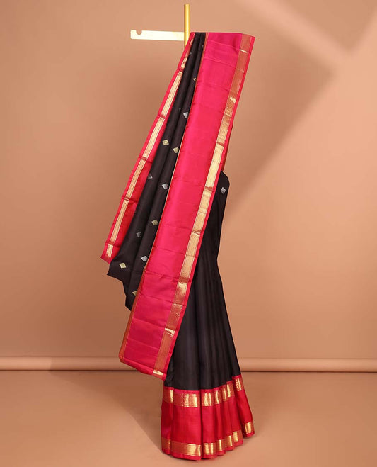 Black diamont motifs kancheepuram silk saree with korvai border of rekku,banaras,poo chakram, mayil kann design & intricate zari pallu