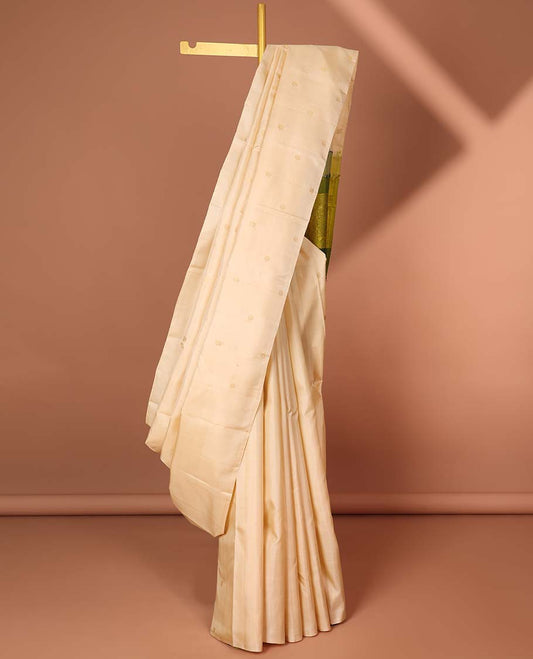Borderless sandal zari buttas Kanchipuram silk saree, contrast multi-color pallu of intricate designs