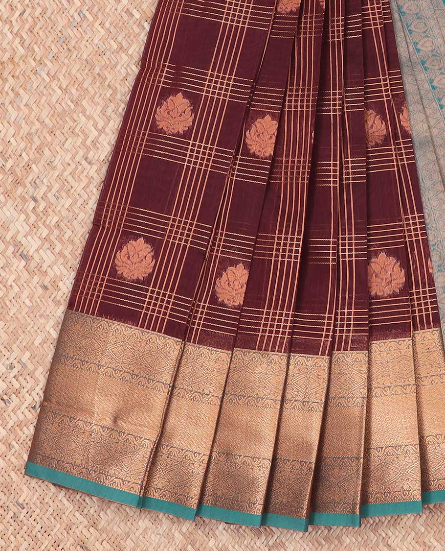 Maroon checked, floral kora cotton saree with contrast zari design border & intricate zari design pallu