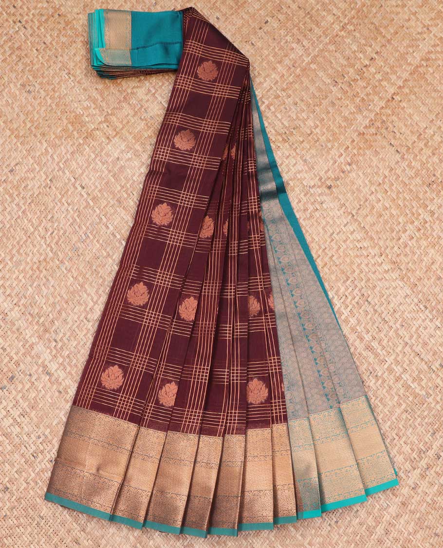 Maroon checked, floral kora cotton saree with contrast zari design border & intricate zari design pallu