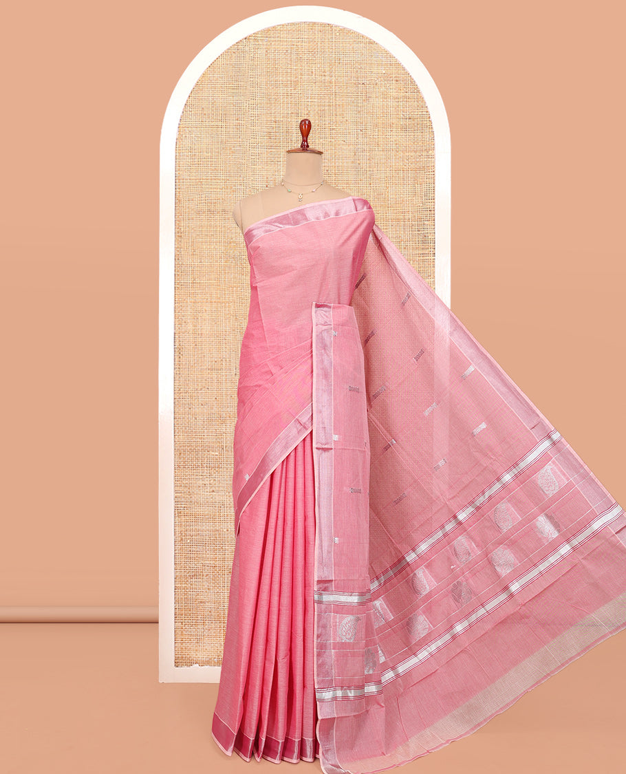 Pink Kerala Cotton Saree, Enthralled with Buttas All Over Its Body, a Zari Bavanji Border, Pallu of Leaf Designs, and Paired with a Matching Blouse