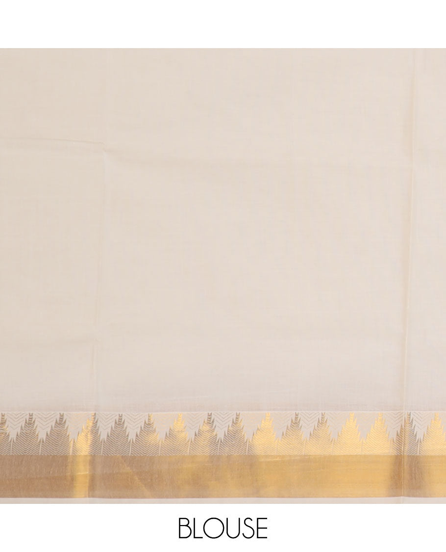 Cream zari Pichwai lotus buttas Kerala saree, zari temple border, and pallu of Pichwai lotus motifs