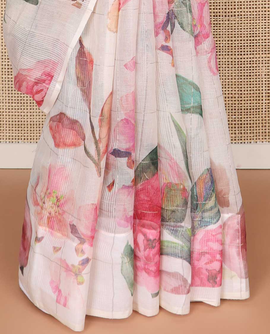 Cream checked floral print kota cotton saree with self plain border