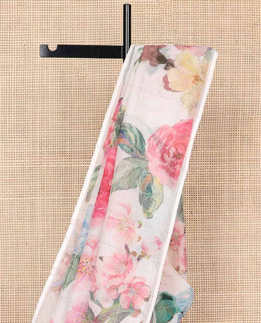 Cream checked floral print kota cotton saree with self plain border