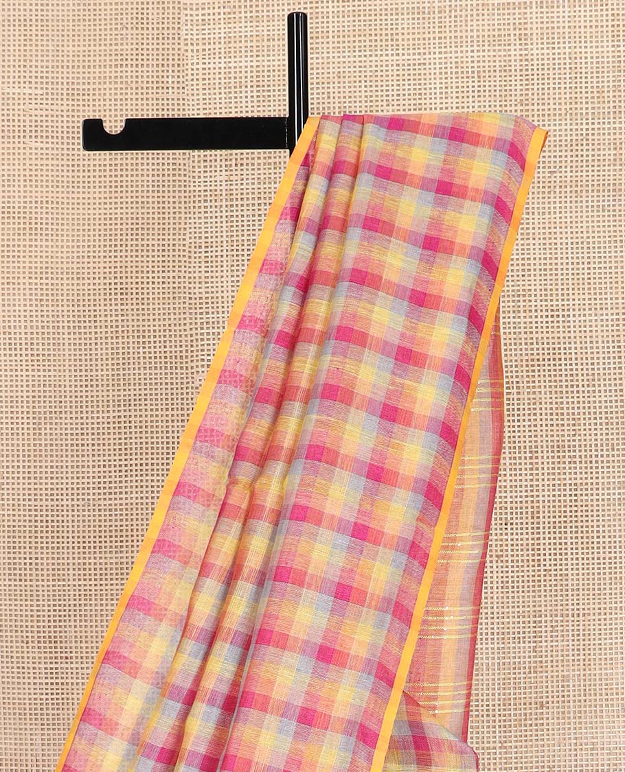 Borderless Multi Color checked design linen cotton saree, self-striped pallu