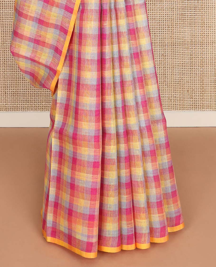 Borderless Multi Color checked design linen cotton saree, self-striped pallu