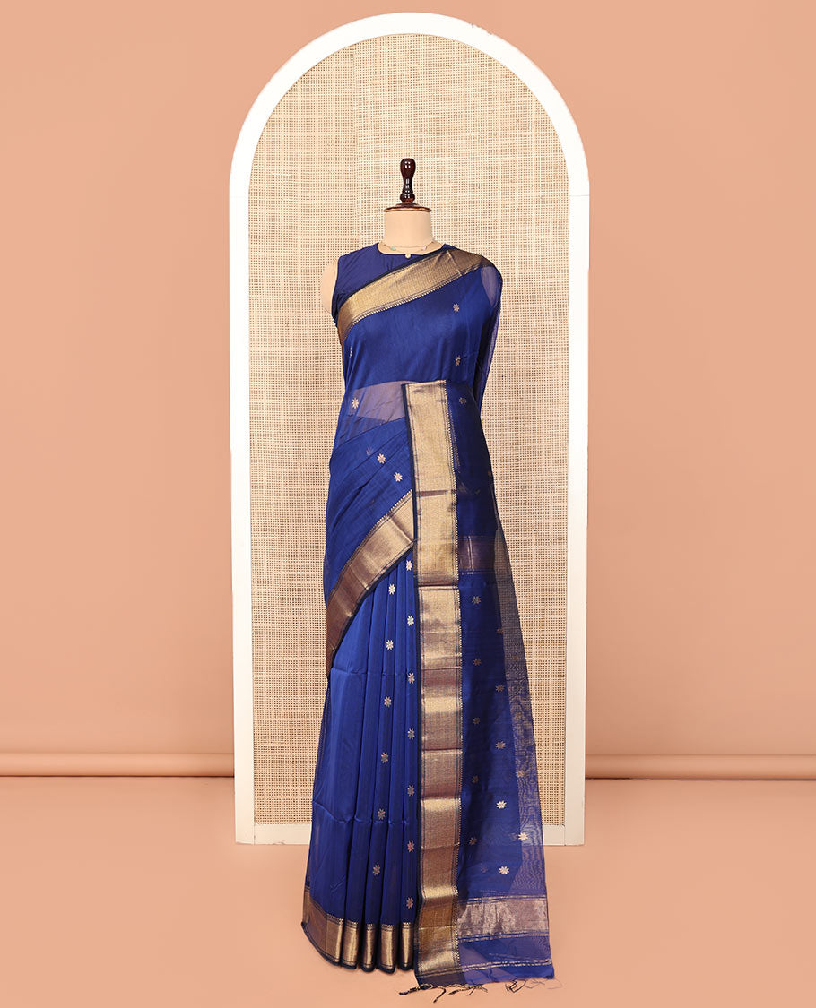 Blue Maheshwari Cotton Saree, Detailed with Zari Star Motifs All Over Its Body, Highlighted by a Zari Border of Traditional Designs, Pallu Steeped with Star Zari Designs, and Paired with a Matching Blouse