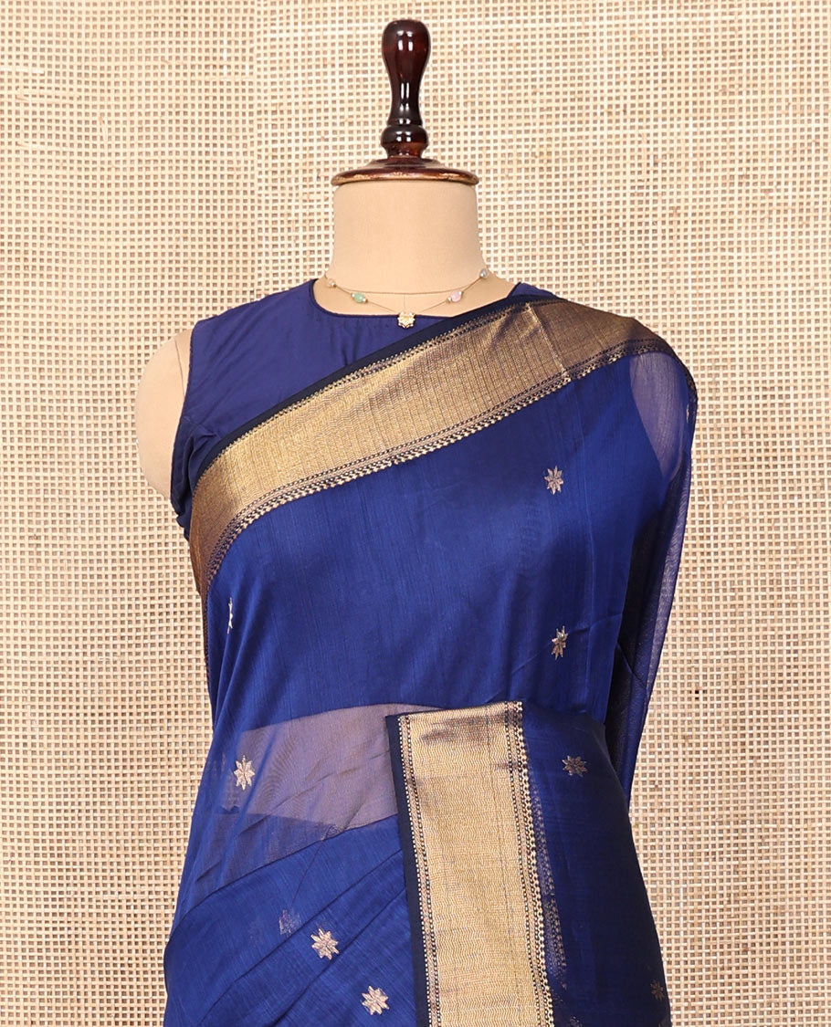 Blue Maheshwari Cotton Saree, Detailed with Zari Star Motifs All Over Its Body, Highlighted by a Zari Border of Traditional Designs, Pallu Steeped with Star Zari Designs, and Paired with a Matching Blouse