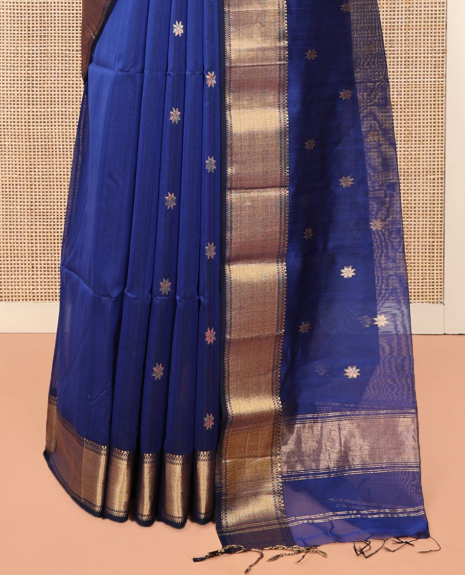 Blue Maheshwari Cotton Saree, Detailed with Zari Star Motifs All Over Its Body, Highlighted by a Zari Border of Traditional Designs, Pallu Steeped with Star Zari Designs, and Paired with a Matching Blouse