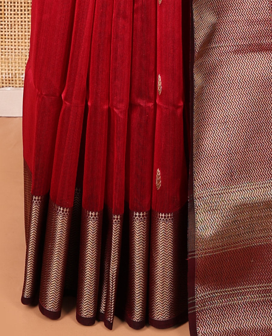 Red Maheshwari Cotton Saree, Finely Crafted with Buttas, Complemented by a Contrast Chevron Striped Zari Border, Zari Buttas Pallu, and a Contrast Blouse