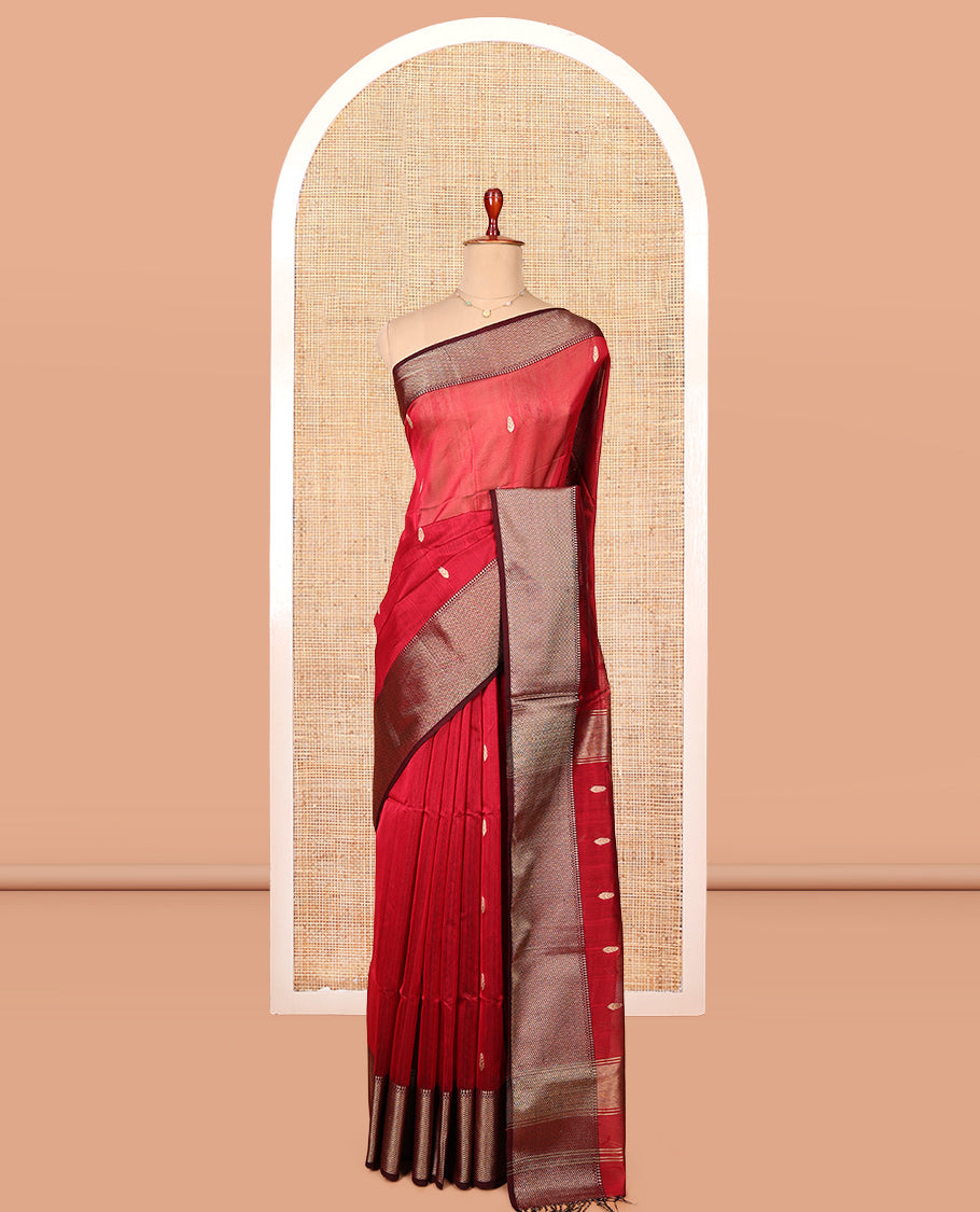 Red Maheshwari Cotton Saree, Finely Crafted with Buttas, Complemented by a Contrast Chevron Striped Zari Border, Zari Buttas Pallu, and a Contrast Blouse