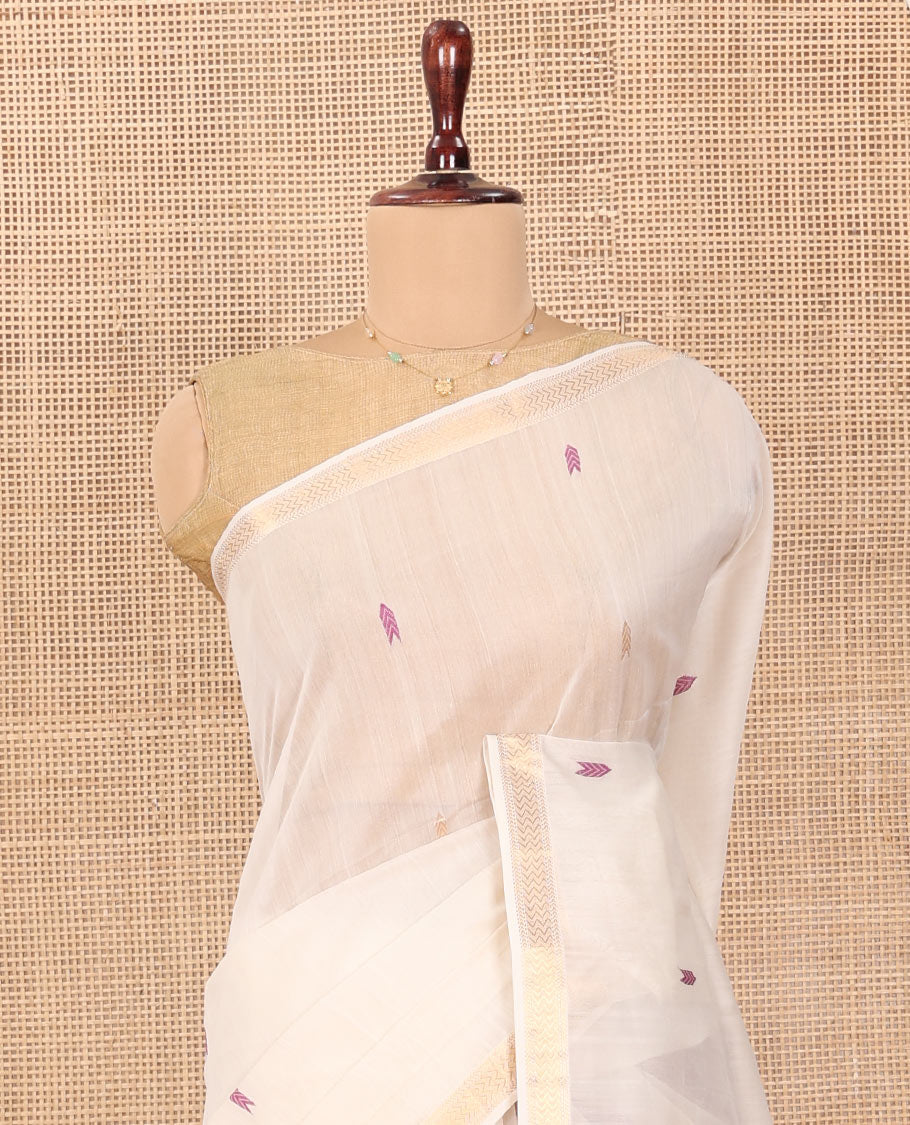 Cream Maheshwari Cotton Saree, Beautified with Thread Buttas All Over Its Body, Highlighted by Zari Piping Chevron Design Border, Captivating Contrast Pallu of Buttas, and Paired with a Contrast Blouse