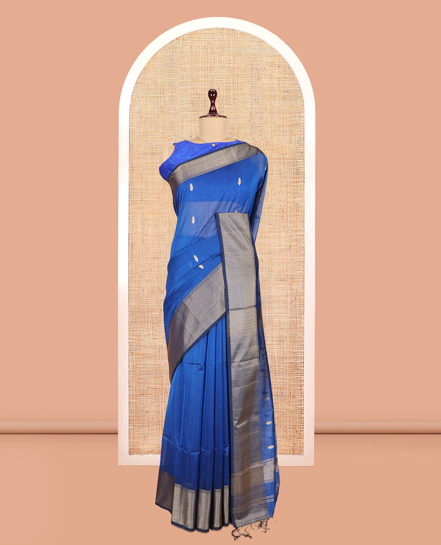 M.s Blue Maheshwari Cotton Saree, Ornamented with Zari Buttas, a Contrast Chevron Striped Border, Zari Buttas Woven Pallu, and a Contrast Blouse