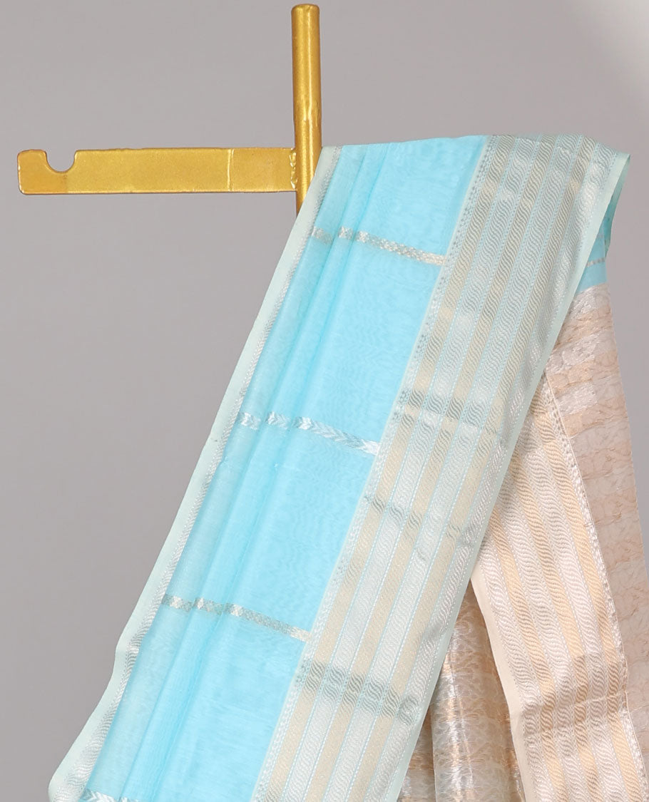 Pink striped maheshwari cotton saree with contrast zari striped border & pallu of stripes