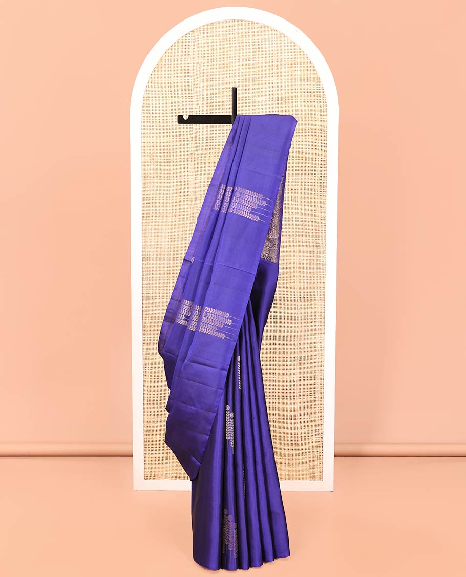 Borderless Blue Mayuri Soft Silk Saree, Mesmerized with Zari Buttas All Over Its Body, Self-Pallu of Geometric Designs, and Paired with a Matching Blouse
