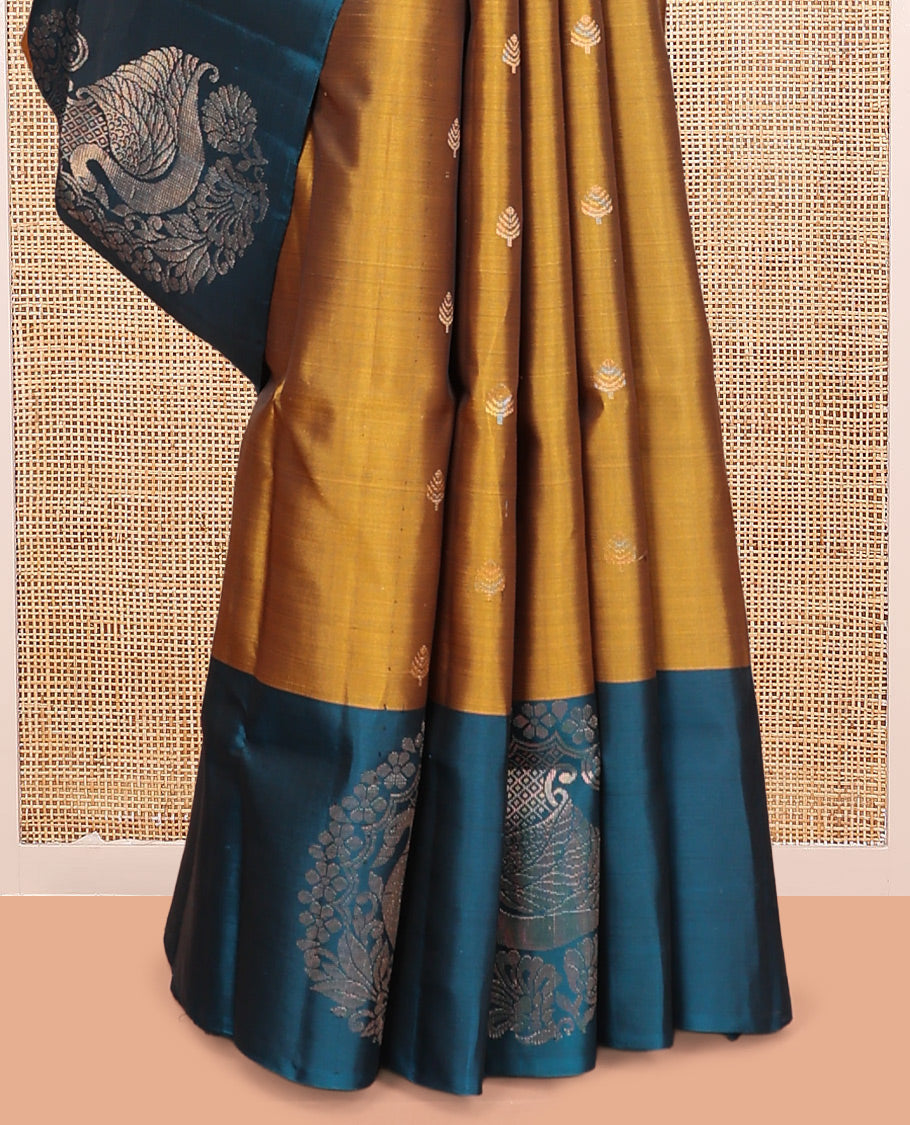 Mustard Mayuri Lite Silk Mix Saree, Graced with Zari Buttas, Complemented By Contrast Peacock-Paisley Butta Border, a Floral Vine Pallu, and a Contrast Blouse
