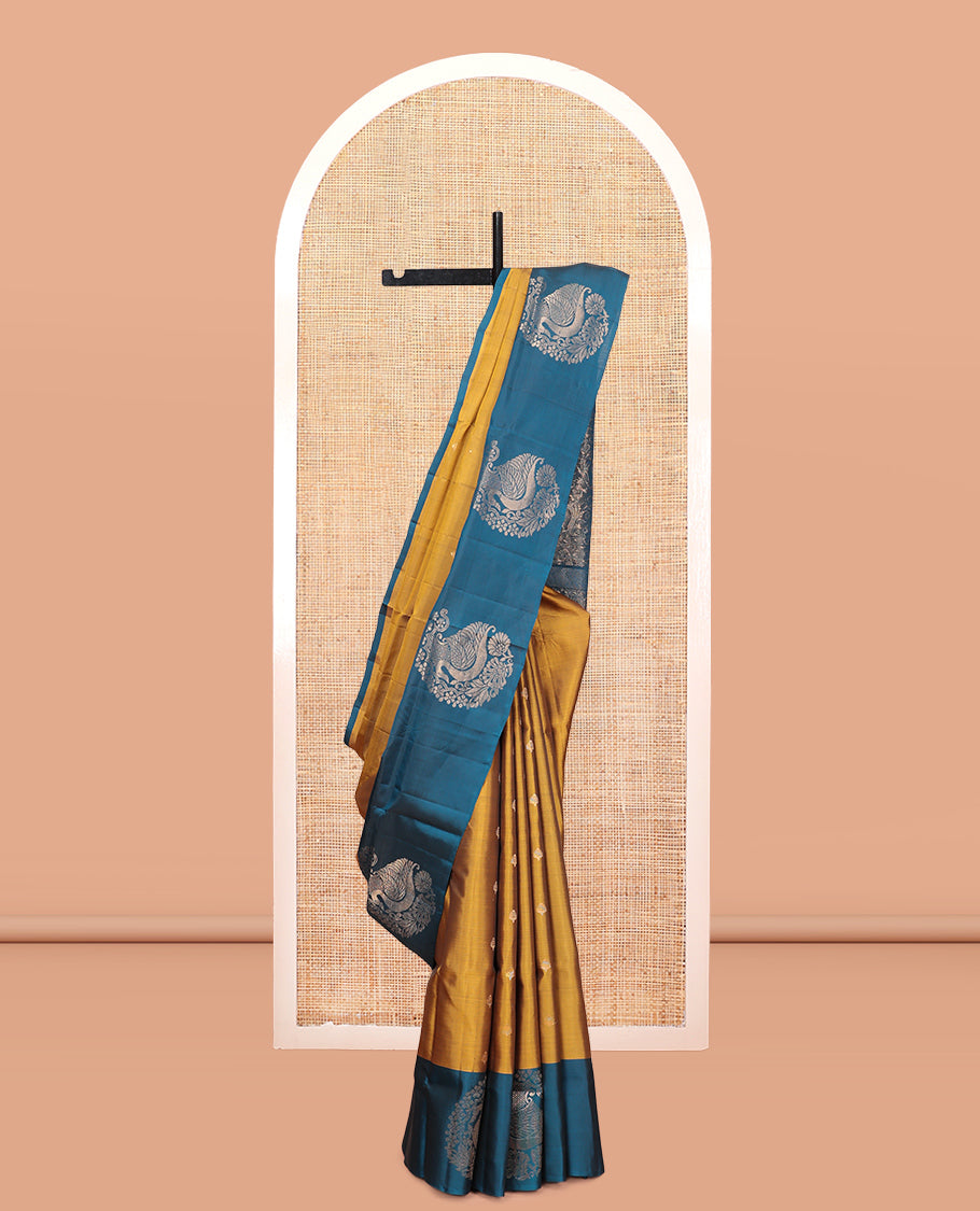 Mustard Mayuri Lite Silk Mix Saree, Graced with Zari Buttas, Complemented By Contrast Peacock-Paisley Butta Border, a Floral Vine Pallu, and a Contrast Blouse