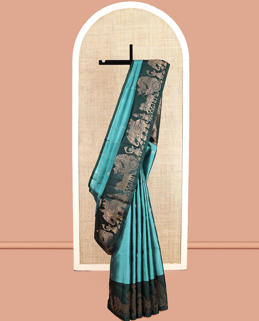 Green Mayuri Soft Silk Saree, Elevated with Ring Motifs, Contrast King-Queen Wedding-Themed Border, Pallu Depicts Wedding Motifs, and a Contrast Blouse