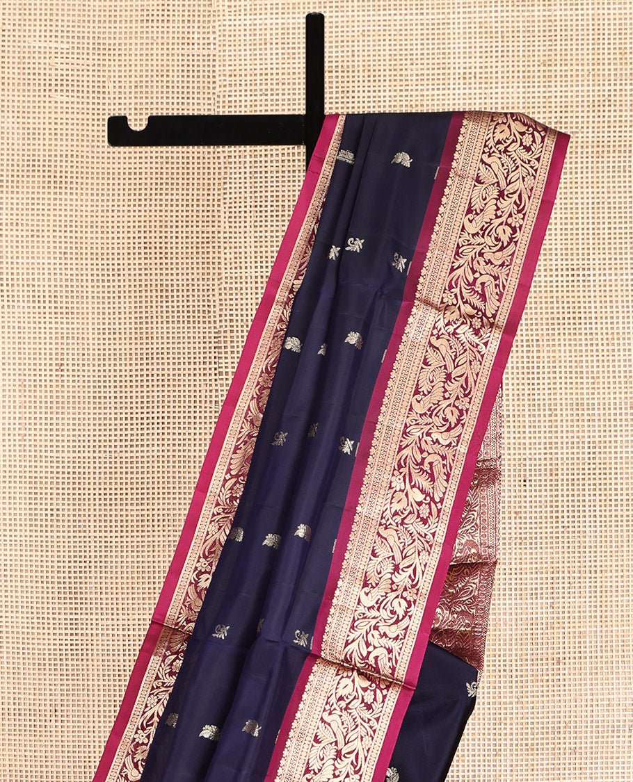 Blue Mayuri Lite Silk Mix Saree, Adorned with Zari Buttas, Complemented by Contrast Border of Salngai, Cross Neli, Rudraksham, and Mayil, Grand Pallu and a Contrast Blouse