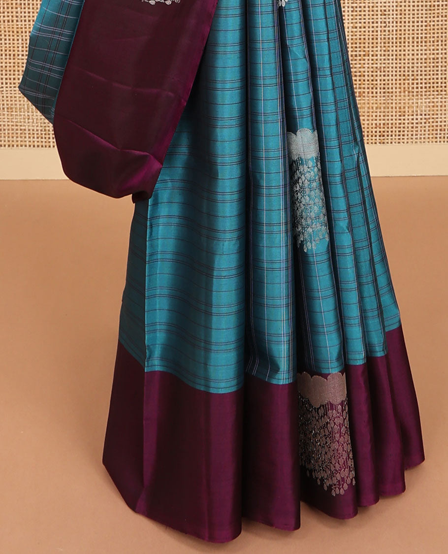 Blue checked, motifs mayuri soft silk saree with contrast border & zari design pallu