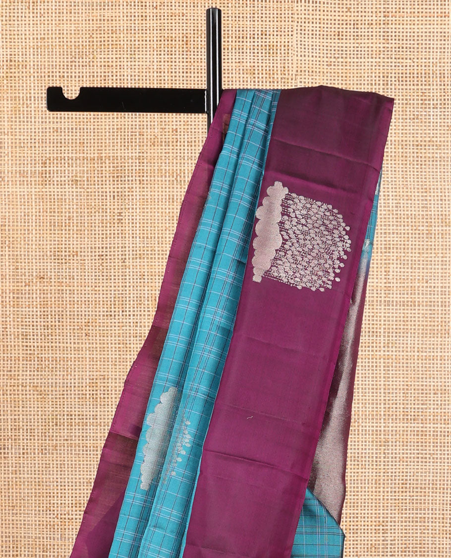 Blue checked, motifs mayuri soft silk saree with contrast border & zari design pallu